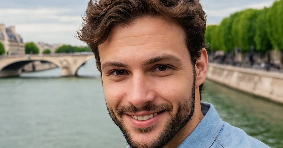 Un homme barbu qui sourit au bord d'un fleuve, un pont de pierre et des arbres en arrière-plan