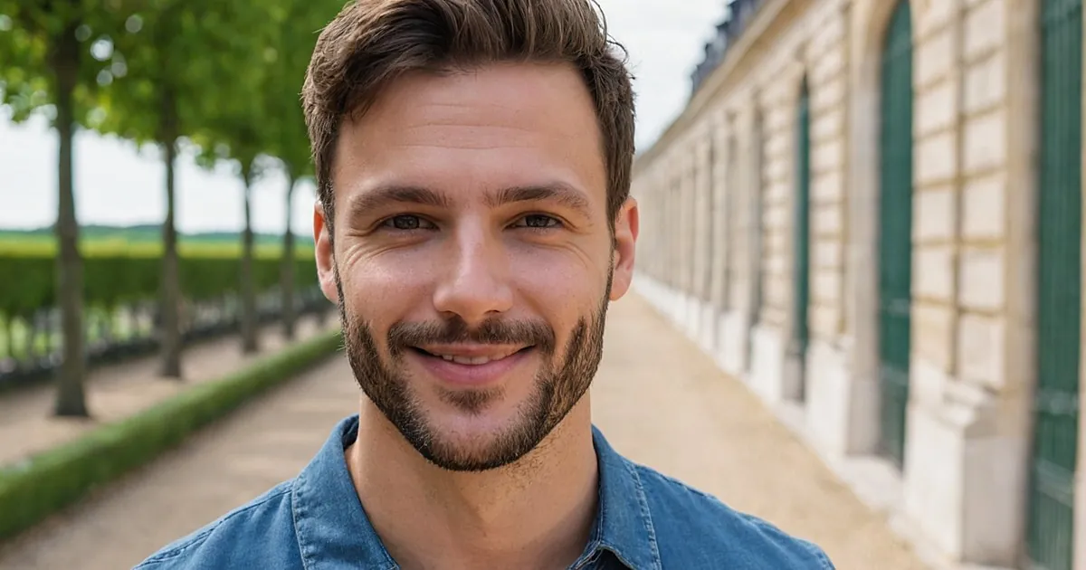 Un homme barbu souriant sur une allée de gravier, long bâtiment de pierre et allée d'arbres taillés