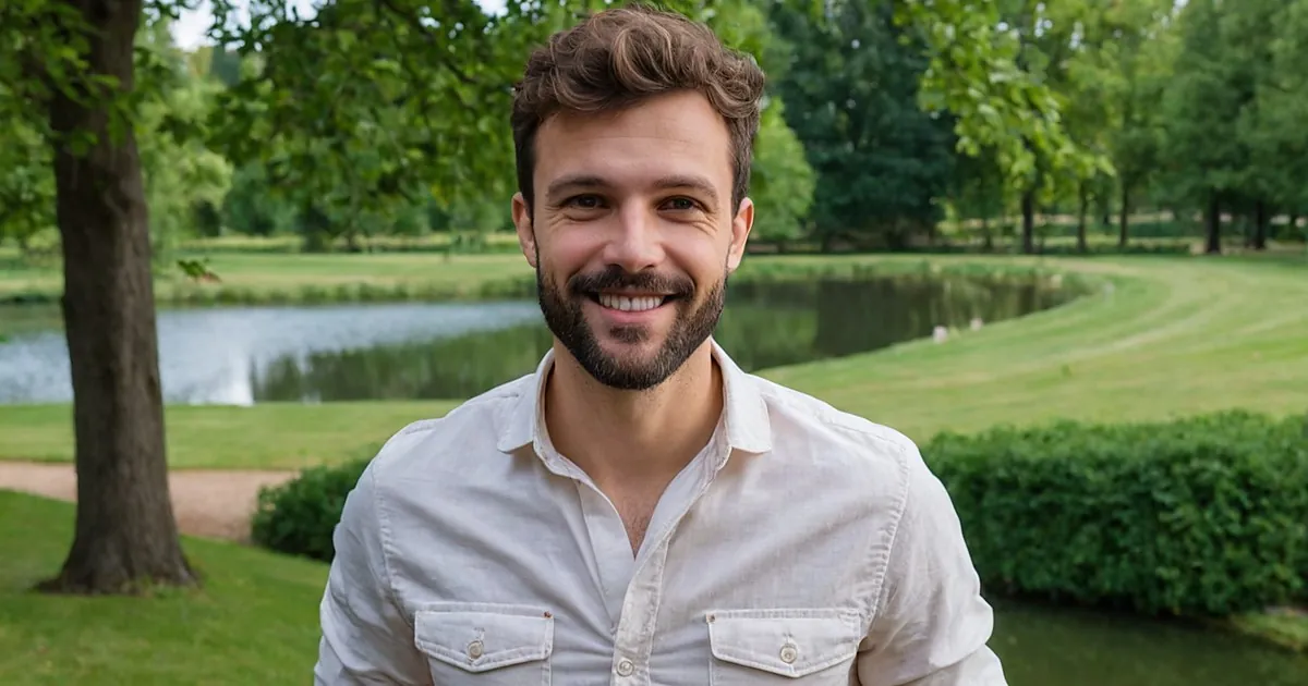 Un homme barbu en chemise claire souriant dans un parc, bassin, pelouses et grands arbres derrière lui