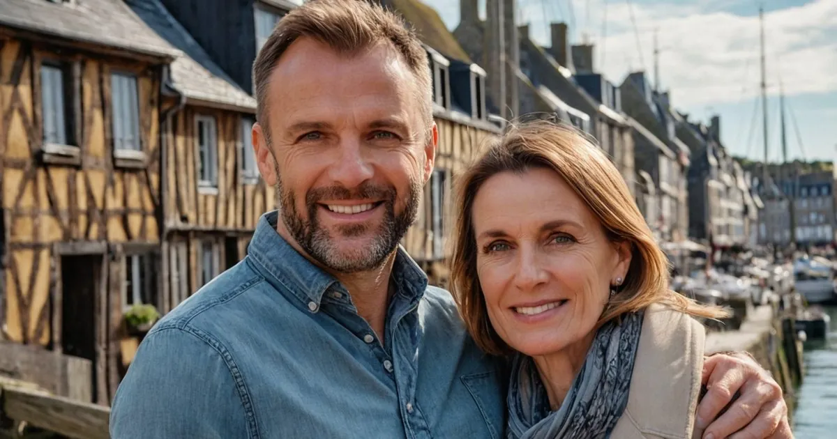 Un couple d'âge mûr souriant, bras sur l'épaule, devant des maisons à colombages et un quai de port