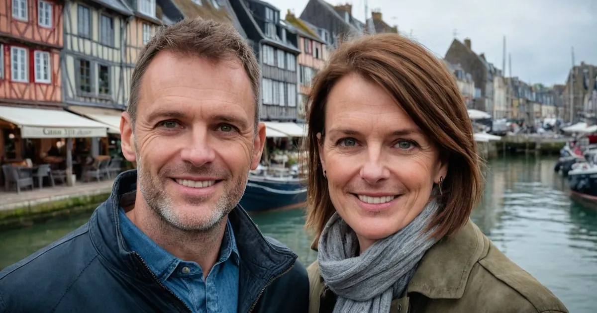 Un couple d'âge mûr souriant devant un port, terrasses de café sous auvent et maisons à colombages colorées