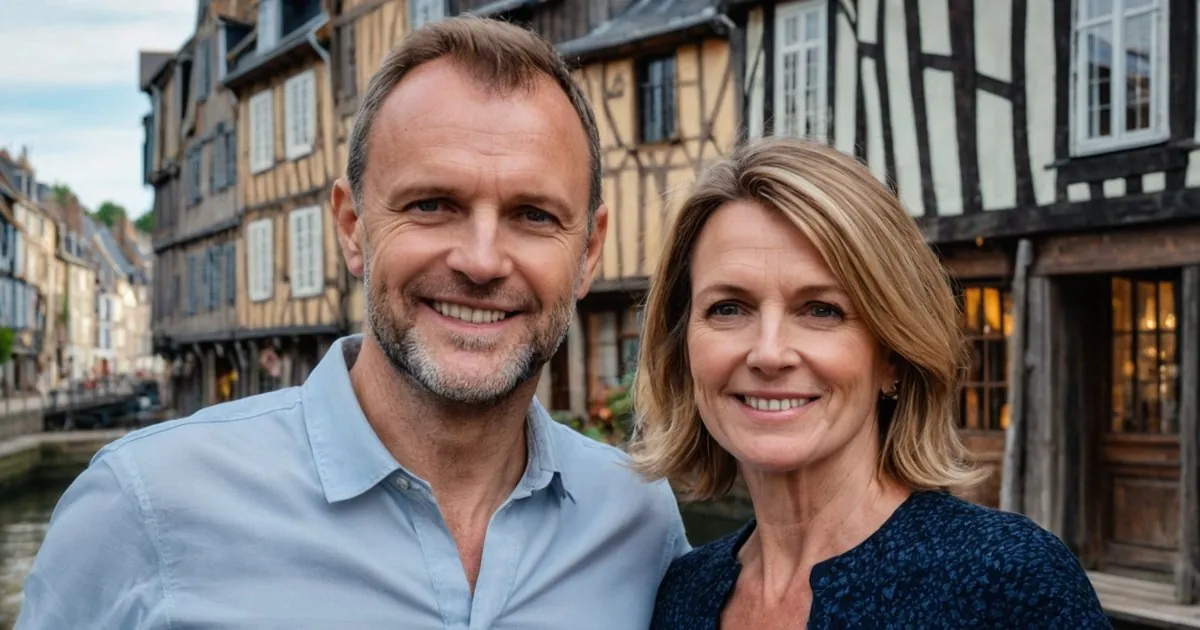 Un couple d'âge mûr souriant devant de hautes maisons à pans de bois qui bordent un canal étroit