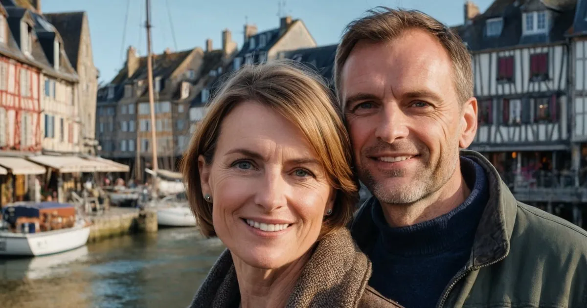 Un couple d'âge mûr tête contre tête, souriant dans un port au soleil, bateaux amarrés et colombages