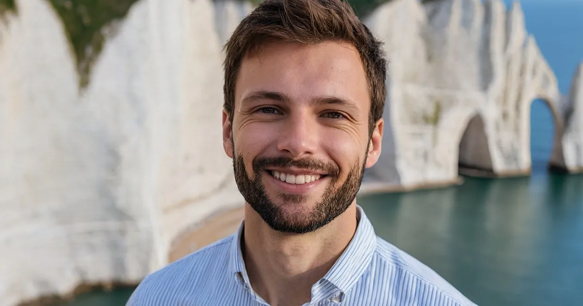 Un homme barbu en chemise rayée qui sourit devant de hautes falaises blanches aux arches de craie