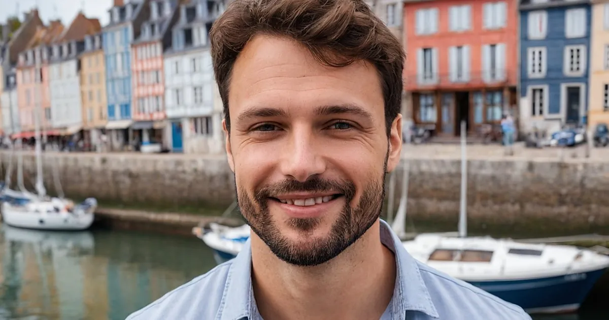 Un homme barbu souriant devant un port, voiliers amarrés et façades colorées derrière un quai de pierre