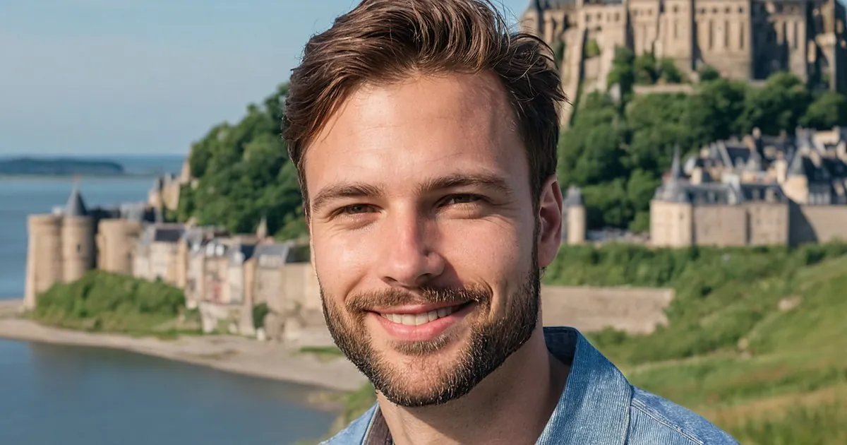 Un homme barbu qui sourit devant une baie et un village fortifié dominé par une abbaye sur la colline