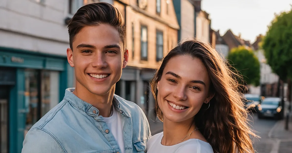 Un couple d'âge mûr souriant sur un quai, bateaux et maisons à colombages le long du port