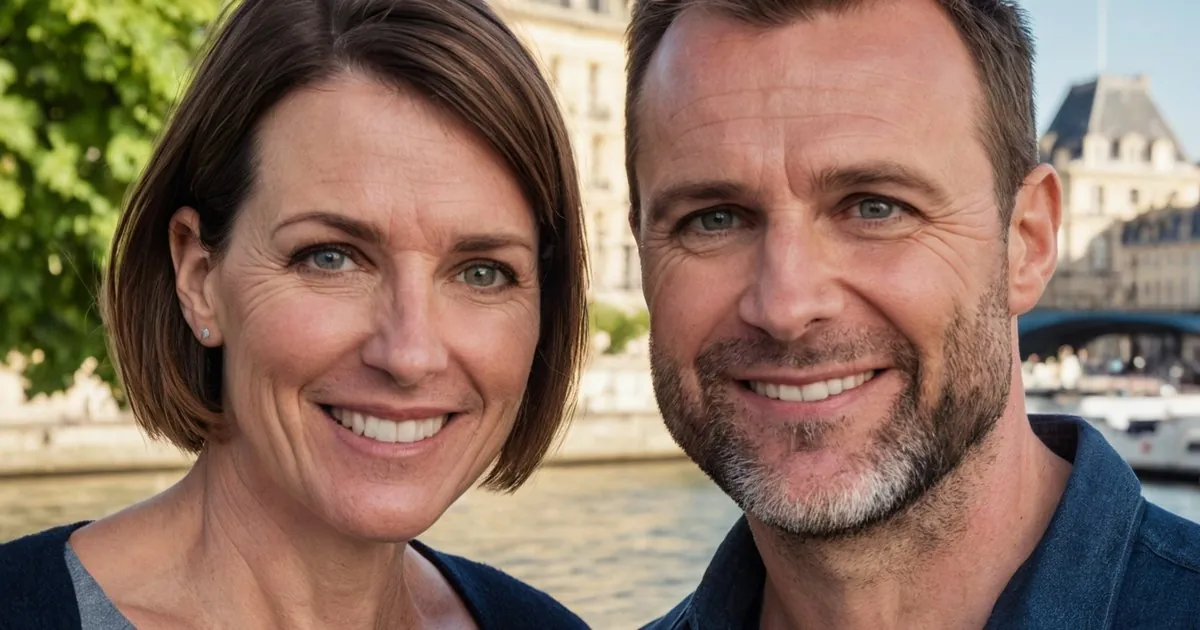 Un couple d'âge mûr souriant, la femme au carré brun, devant un fleuve et des bâtiments de pierre