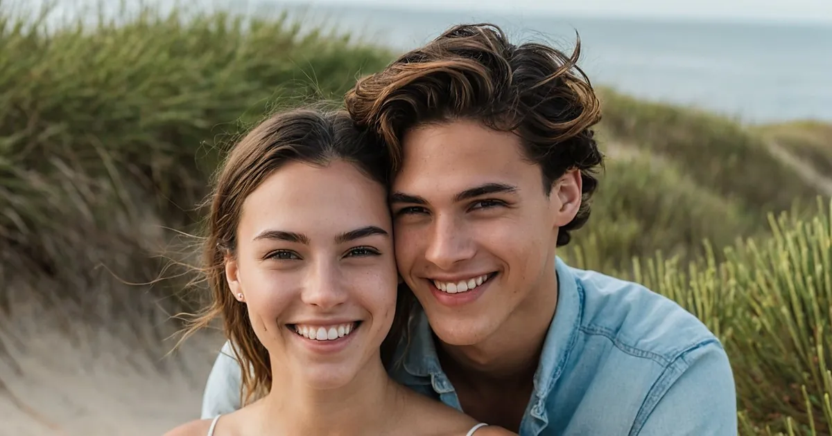 Un jeune couple tête contre tête, souriant dans les dunes herbeuses face à la mer