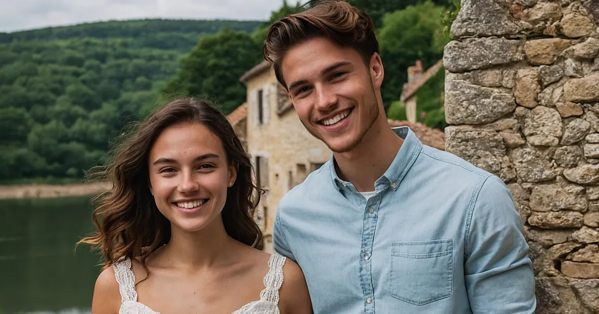 Un jeune couple souriant devant un mur de pierre, un lac et une colline boisée derrière eux