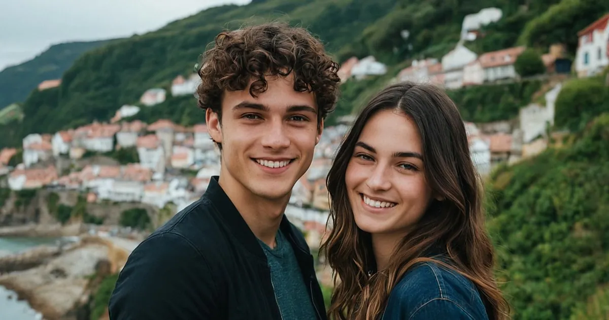 Un jeune couple souriant sur une colline verte dominant un village côtier aux toits rouges