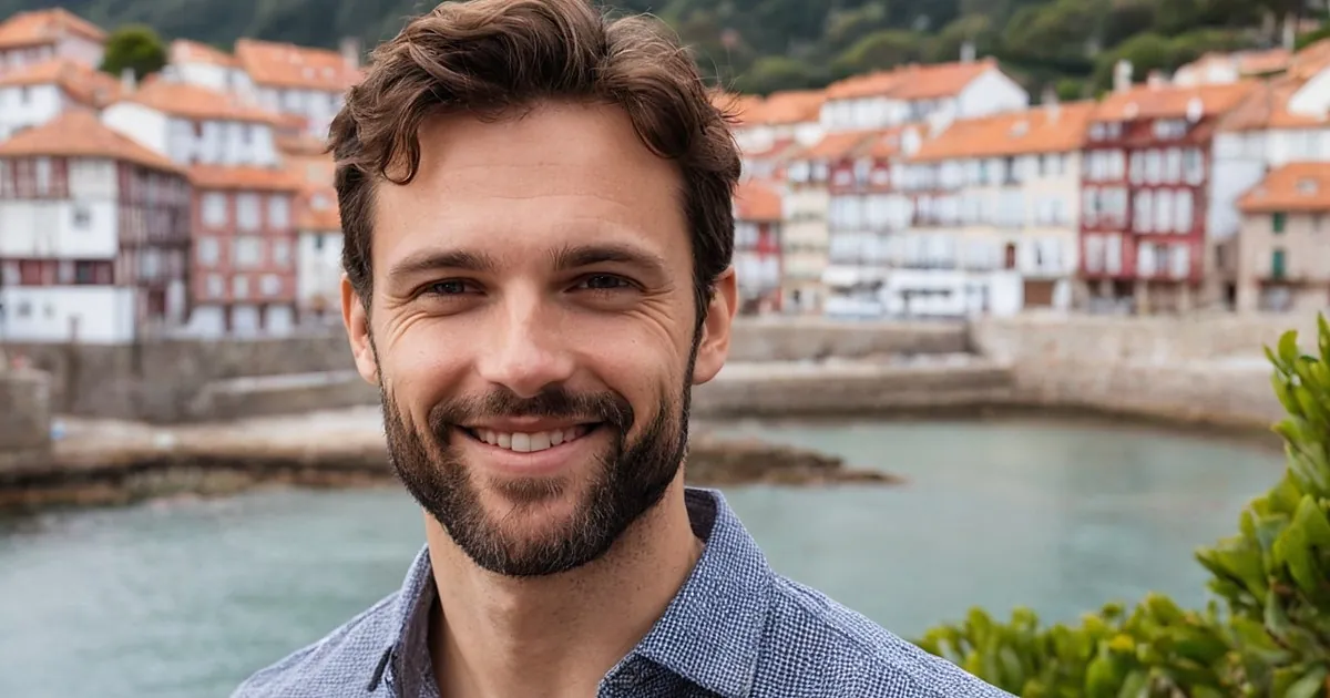 Un homme barbu souriant sur une plage de sable clair, dunes herbeuses et pins derrière lui