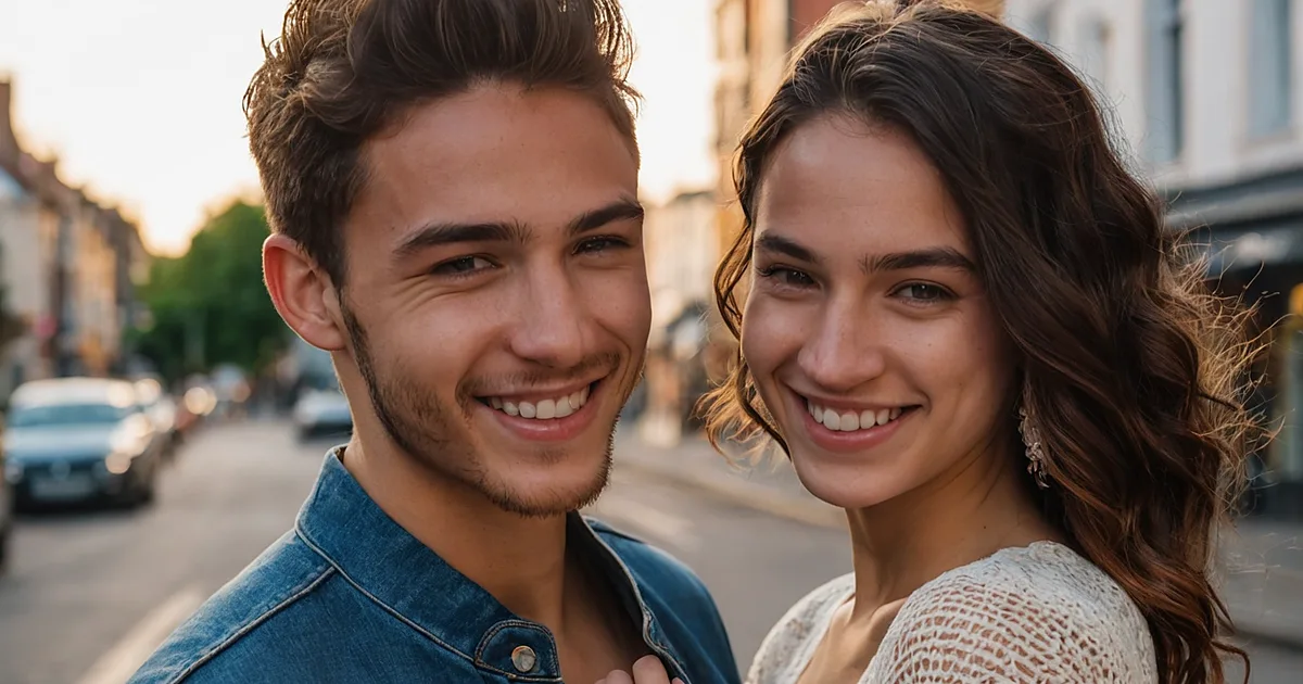 Un couple d'âge mûr tête contre tête, souriant devant un grand bâtiment de pierre au bord de l'eau