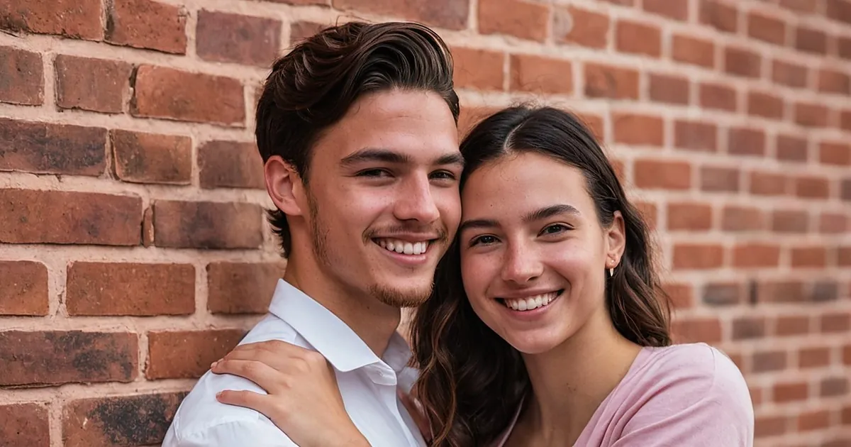Un jeune couple enlacé et souriant devant un mur de briques rouges