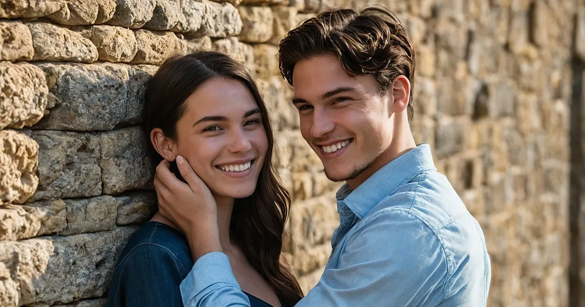 Un jeune couple souriant, la jeune femme la main contre sa joue, devant un mur de pierres dorées