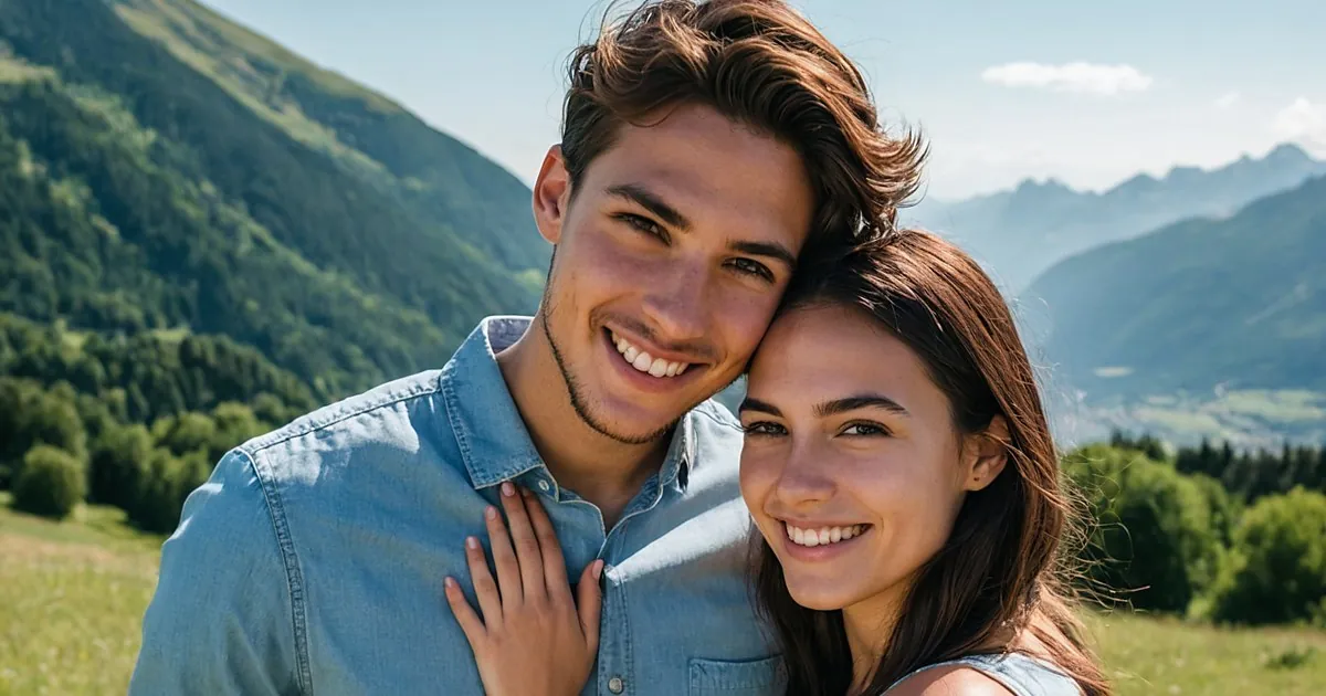 Un jeune couple tête contre tête, souriant dans une prairie face aux montagnes ensoleillées