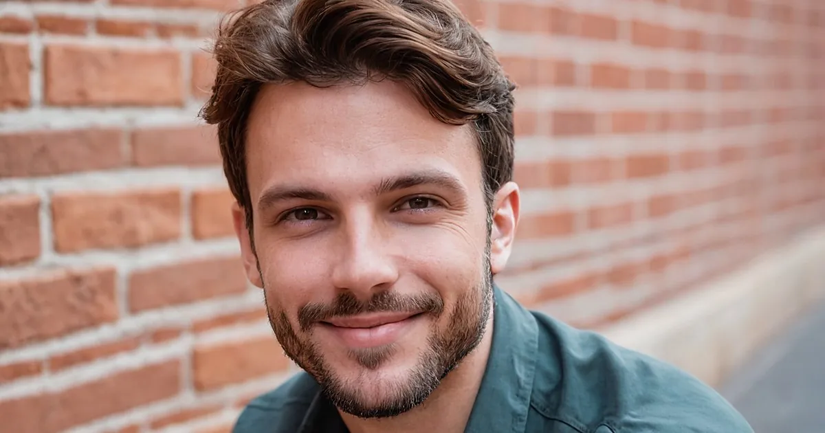 Un homme barbu au sourire discret devant un mur de briques roses