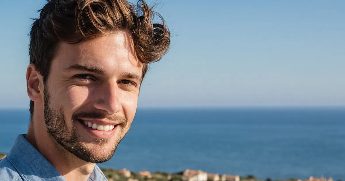 Un homme barbu qui sourit au soleil, la mer et un ciel bleu derrière lui