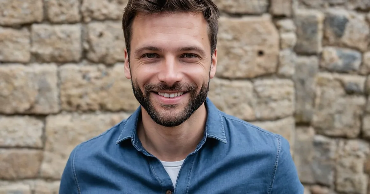 Un homme barbu en chemise bleue qui sourit devant un vieux mur de grosses pierres
