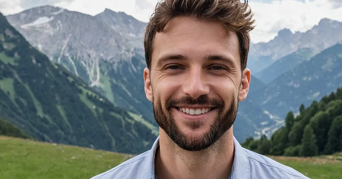 Un homme barbu souriant au milieu d'une prairie, sommets et vallée boisée derrière lui