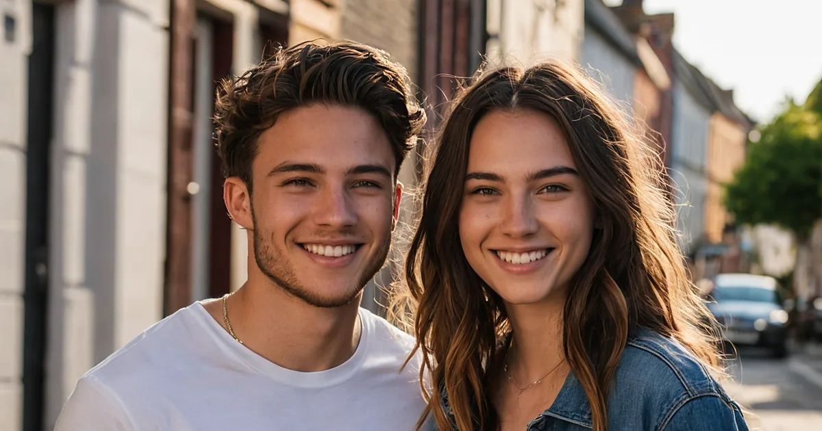 Un jeune couple tête contre tête, souriant au bord d'un fleuve devant des façades de brique rose