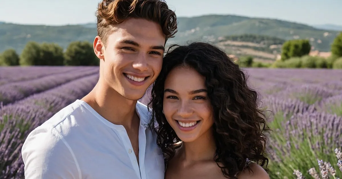 Un jeune couple souriant, tête contre tête, au milieu de rangées de lavande en fleurs