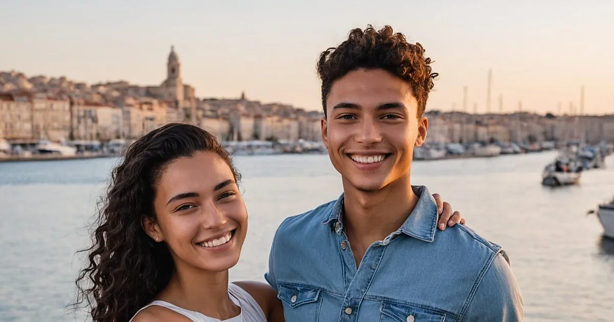 Un jeune couple souriant, bras sur l'épaule, devant un port et une ville aux teintes dorées au crépuscule