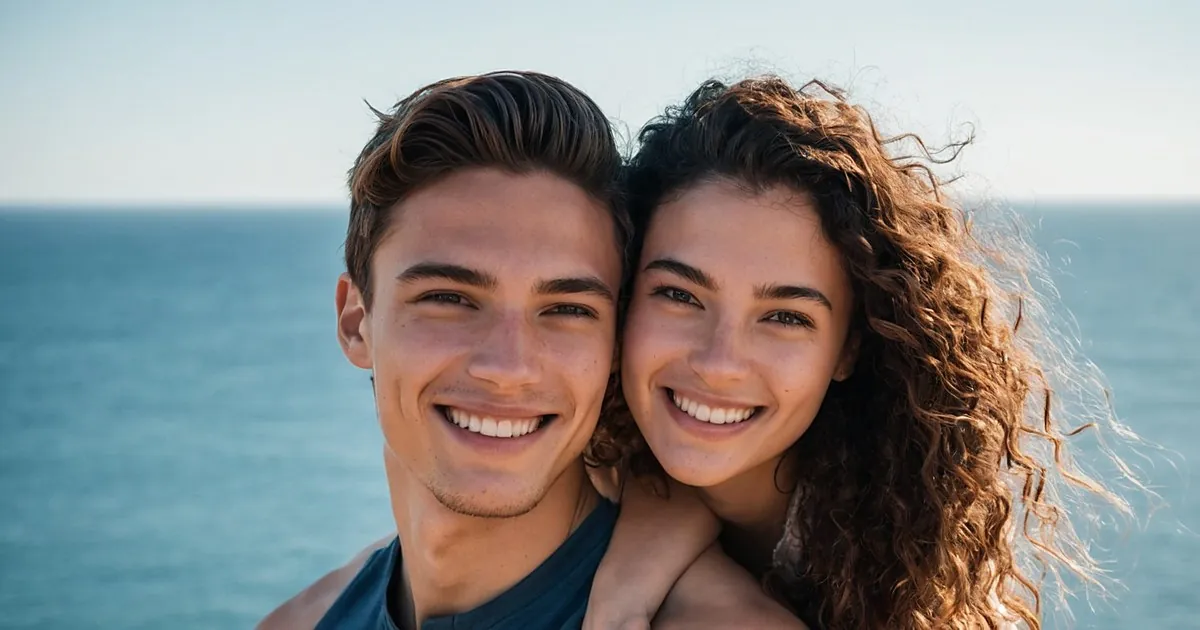 Un jeune couple joue contre joue en souriant, la mer bleue calme derrière eux