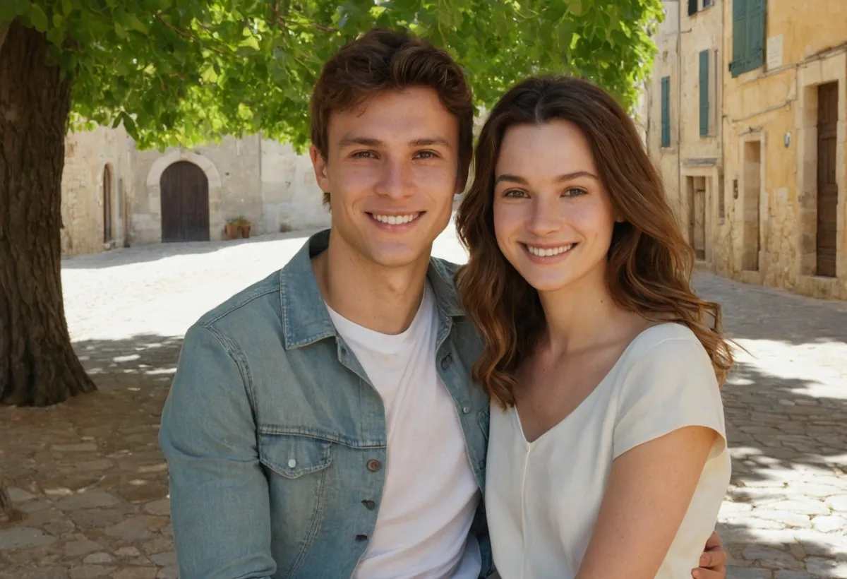 Un jeune couple souriant sous un arbre sur une place pavée bordée de façades ocre