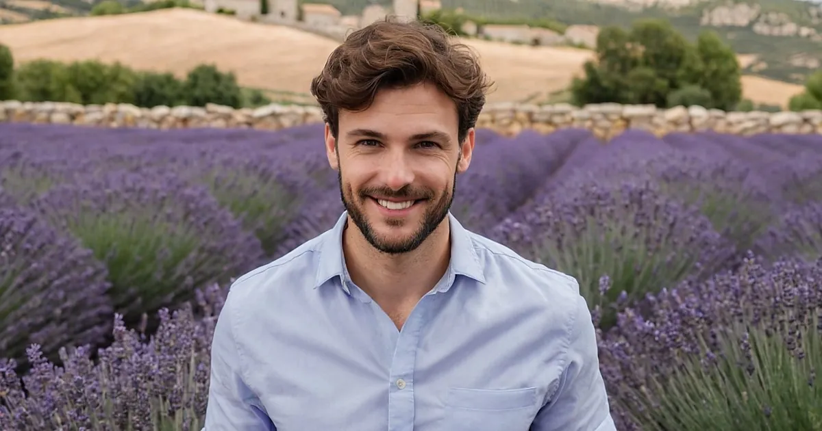 Un homme barbu en chemise bleu clair qui sourit au milieu des champs de lavande