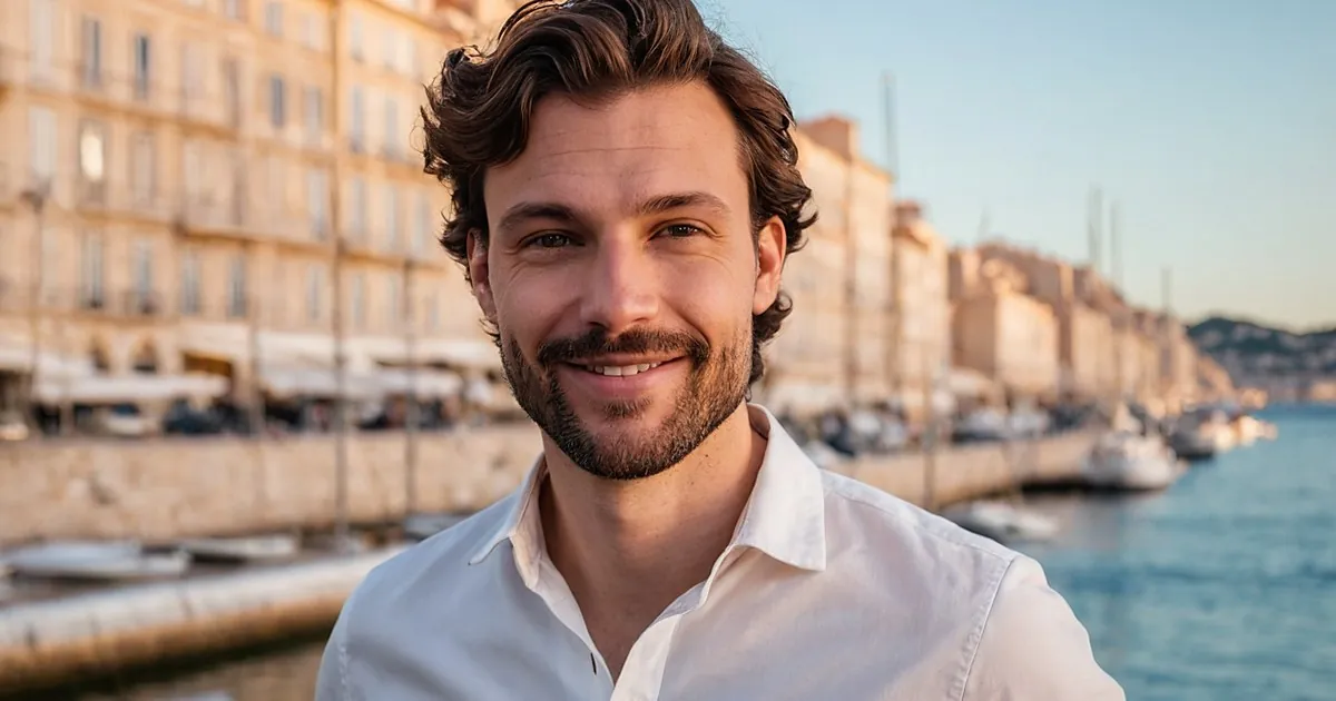 Un homme barbu en chemise blanche souriant devant un quai bordé de façades claires et de bateaux