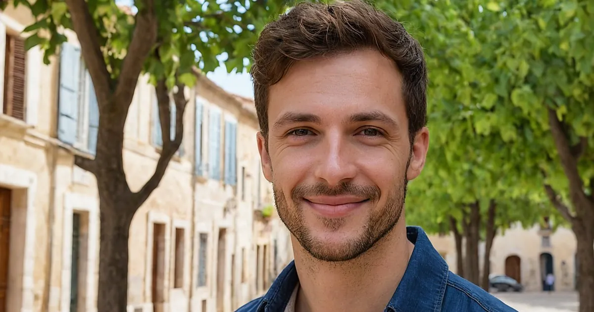 Un homme au sourire discret sous les arbres d'une place, façades de pierre à volets bleus