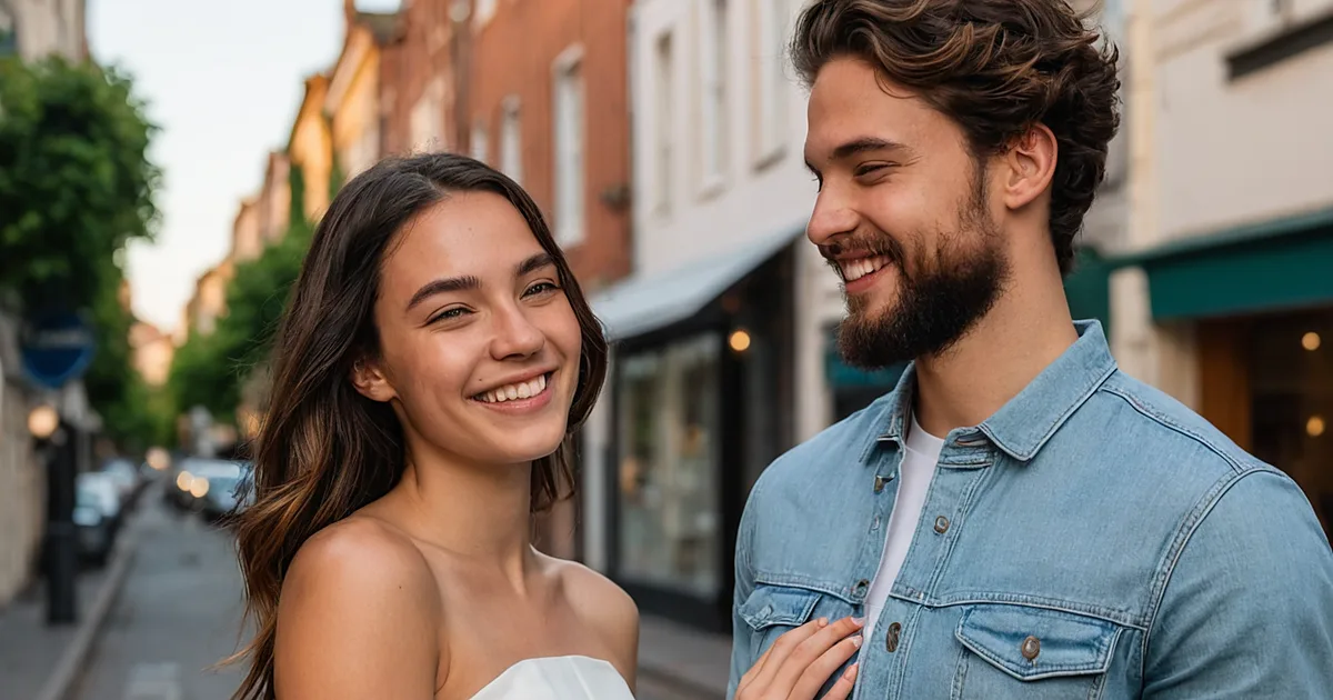 Un jeune couple souriant devant un port de plaisance et une ville ensoleillée à la tombée du jour