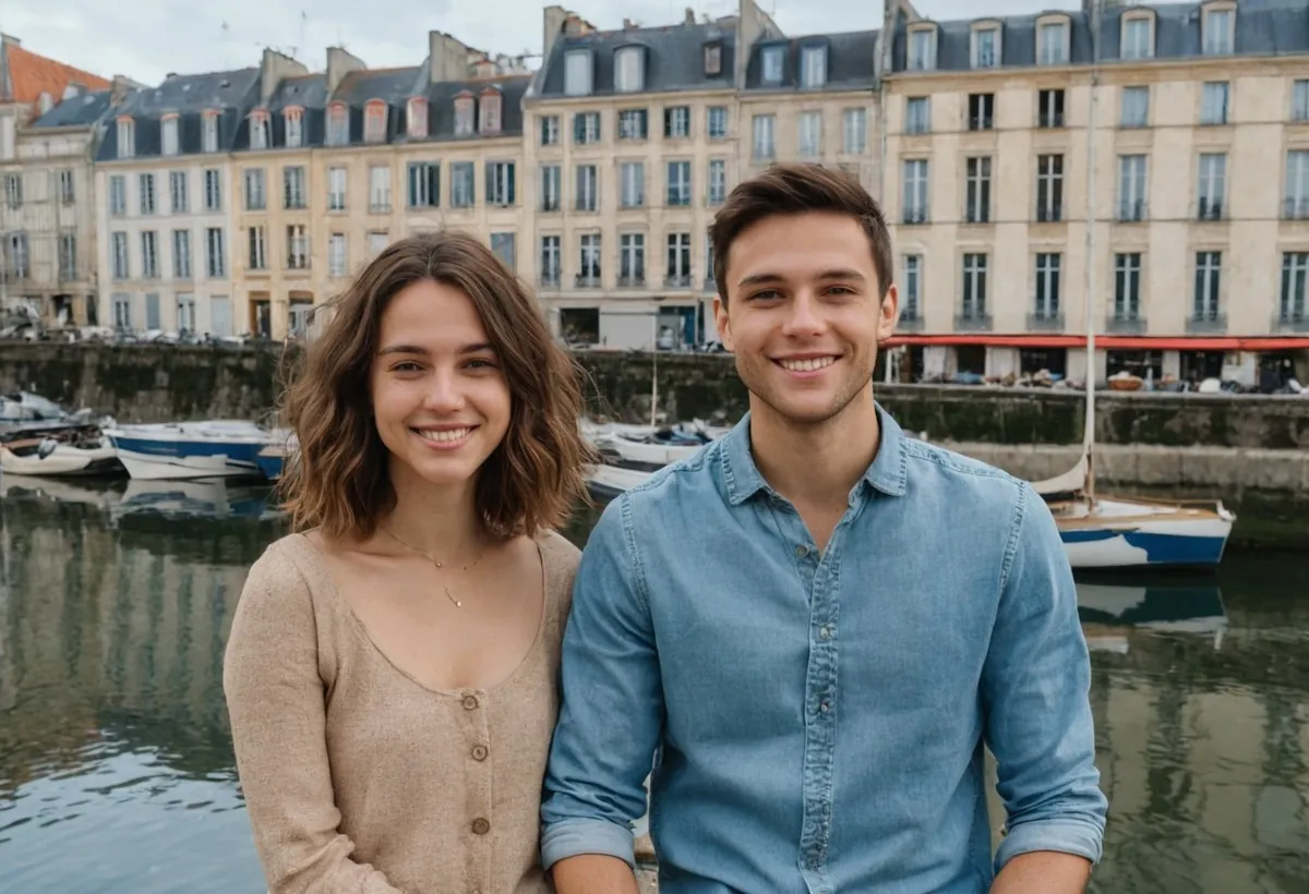 Un jeune couple souriant sur un quai devant des bateaux amarrés et de grands immeubles de pierre