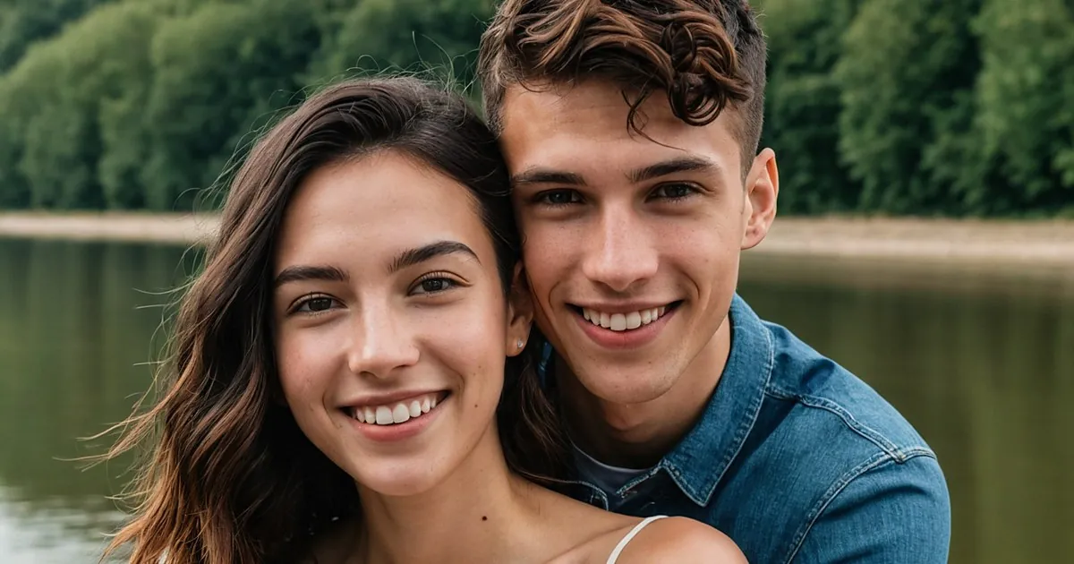 Un jeune couple joue contre joue en souriant au bord d'une rivière calme entourée d'arbres