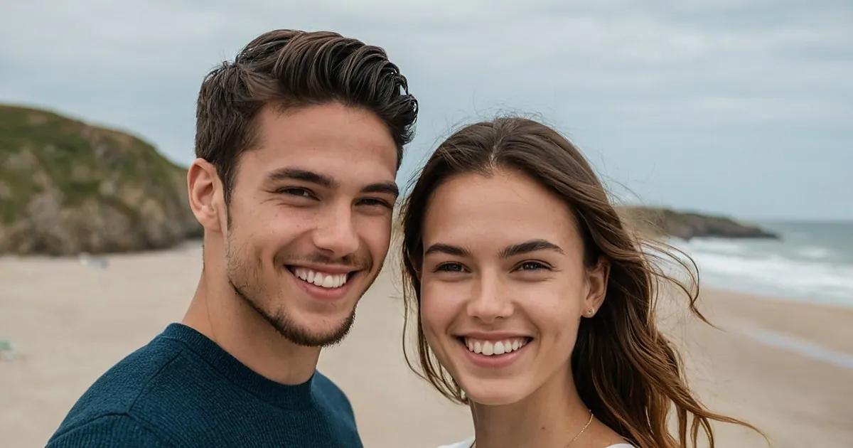 Un jeune couple souriant sur une plage de sable, ciel nuageux et falaise herbeuse au fond