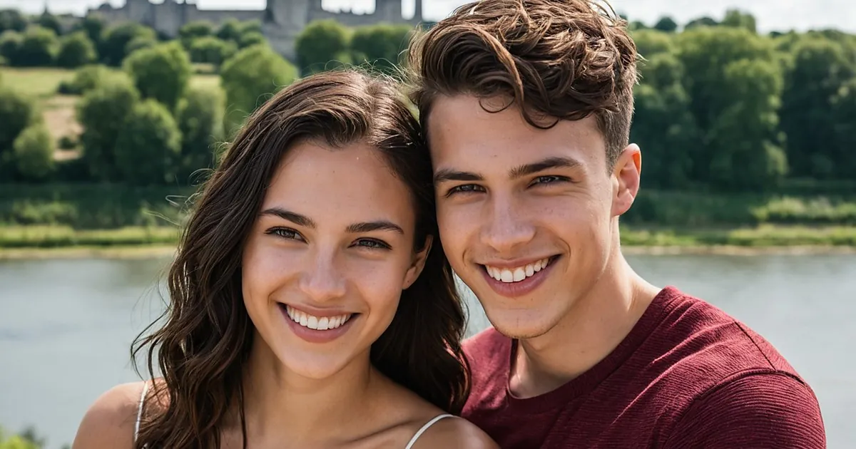 Un jeune couple joue contre joue en souriant devant un fleuve et un château lointain