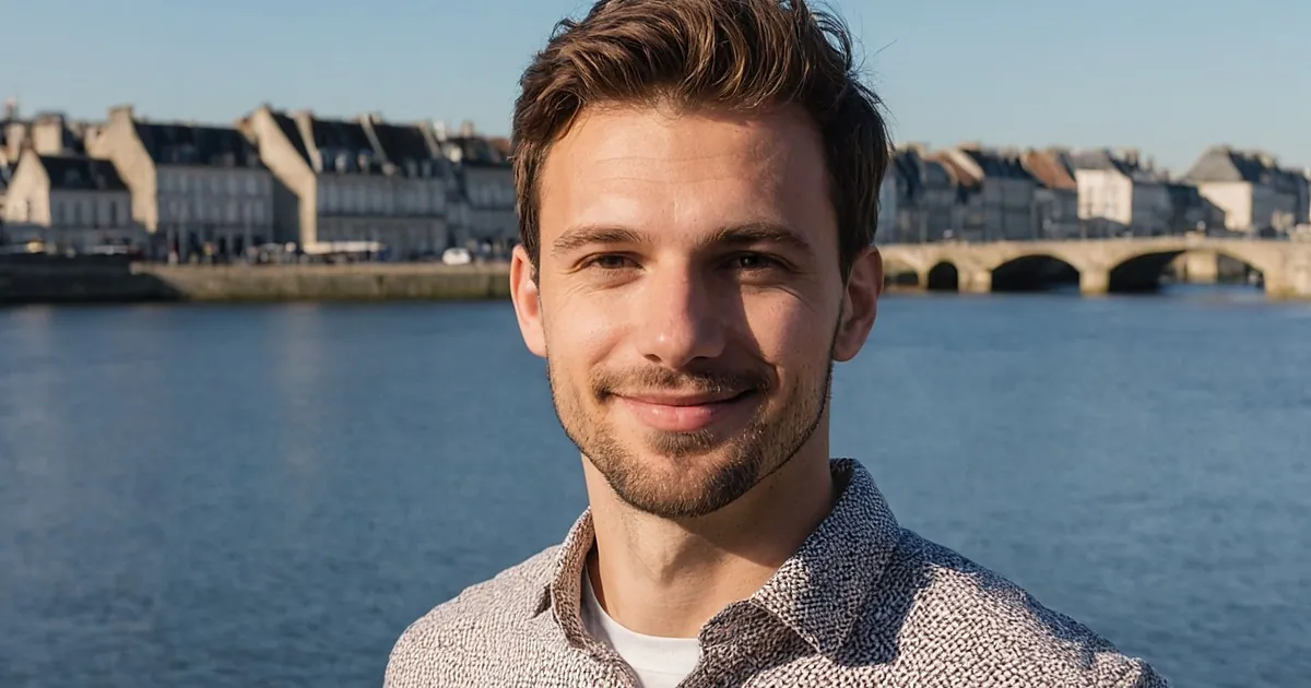 Un homme barbu au sourire discret devant un fleuve, un pont de pierre et des maisons ardoisées