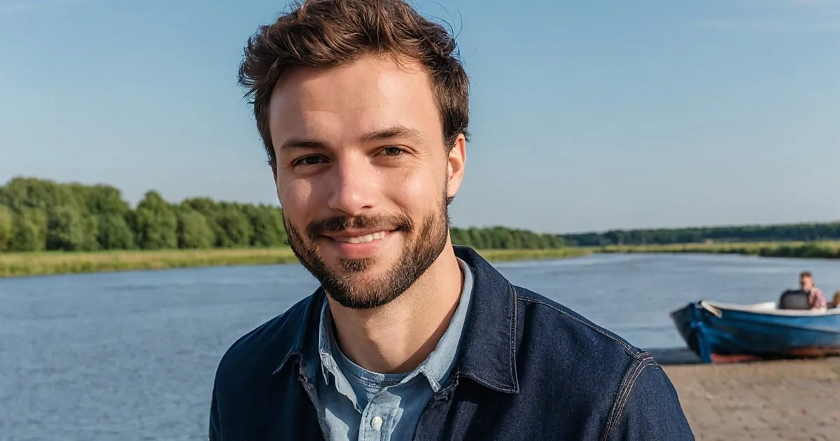Un homme barbu en veste foncée souriant au bord d'une rivière, un bateau bleu amarré à droite