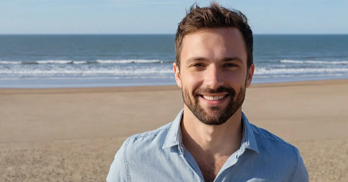 Un homme barbu en chemise claire souriant sur une grande plage de sable, vagues derrière lui