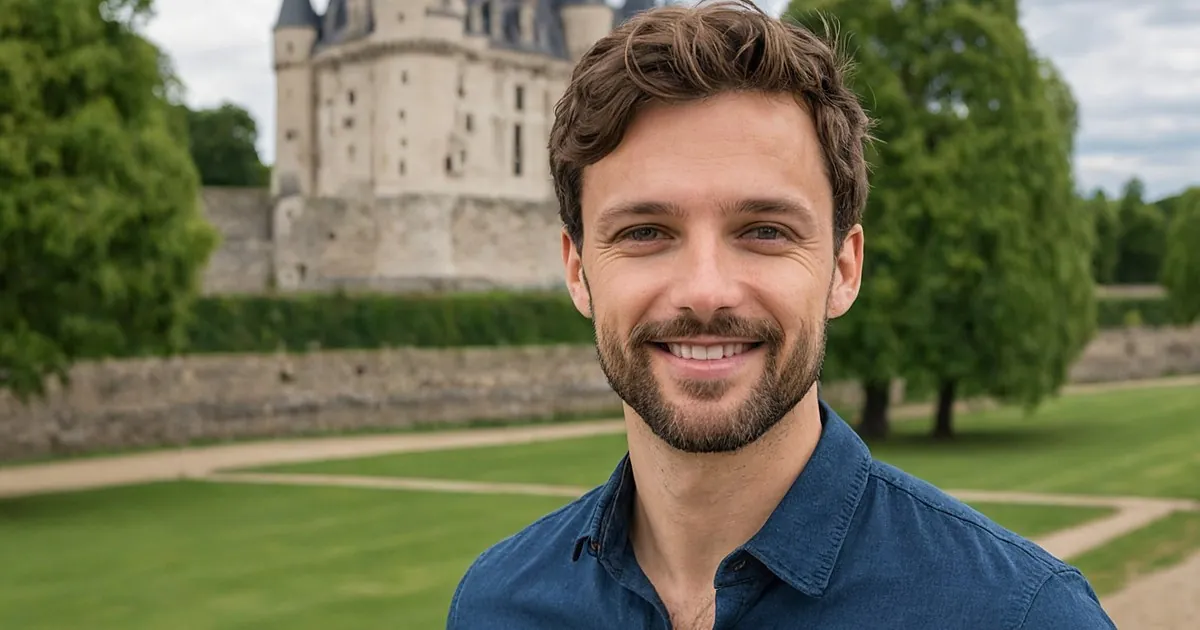 Un homme barbu souriant devant un château et de grandes pelouses entourées d'arbres